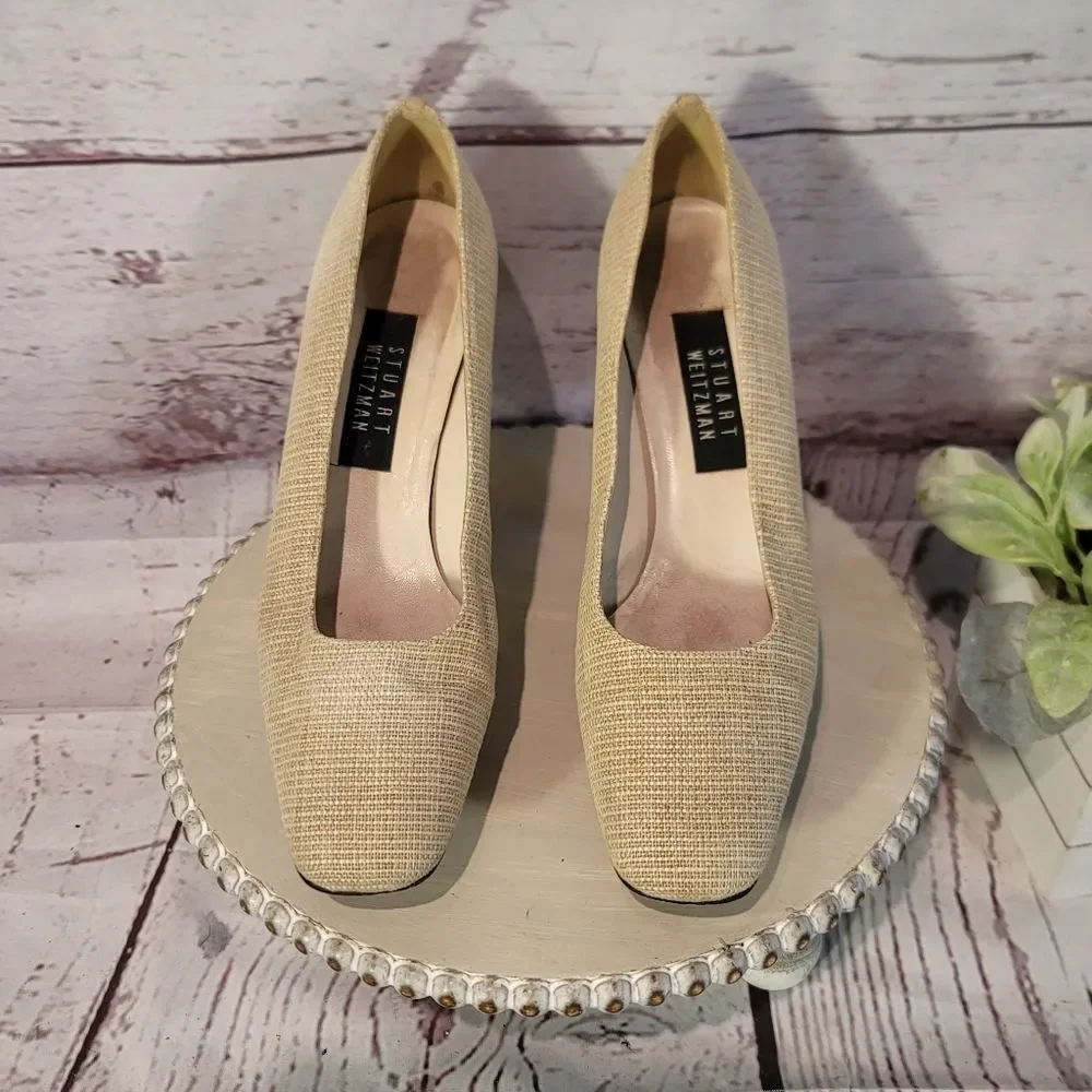 Vintage Stuart Weitzman Women's Beige Square Toe Pump Heels Size 8.5B